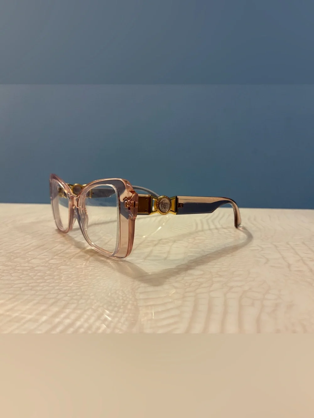 Versace Pink Transparent Square Glasses with Gold Trim